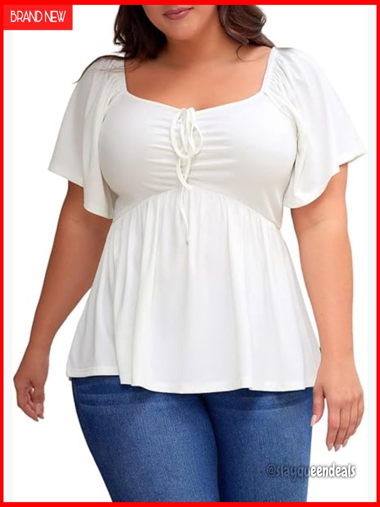 Plus Size Sweetheart Neck Short Sleeve Peplum Blouse With Shirred Back, 1x-5x